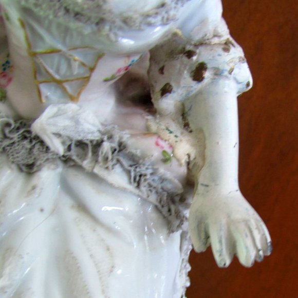 PLAUE PORCELAIN FIGURINE, SEATED LADY, GEORGIAN STYLE GOWN & CHAIR, GERMANY - Picture 15 of 16